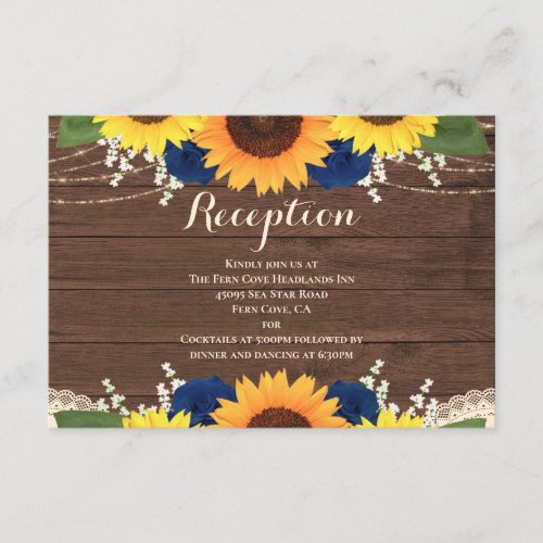 Rustic Sunflowers Navy Roses Wedding Reception Enclosure Card