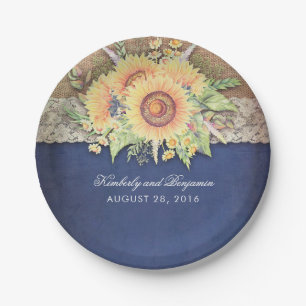 Rustic Sunflowers Navy Wedding Paper Plates