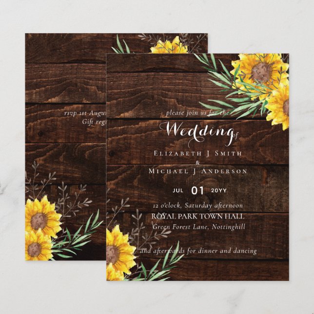 Rustic Sunflowers Olive Leaves Wedding Invite (Front/Back)