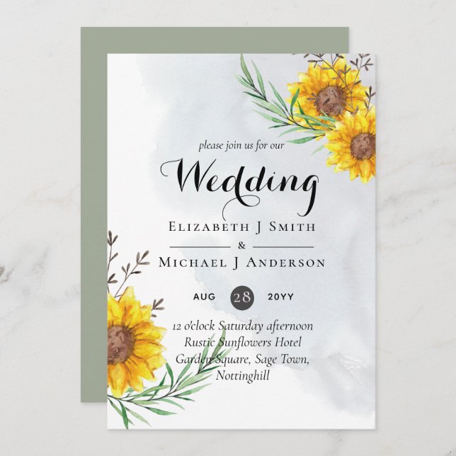 Rustic Sunflowers Olive Leaves Wedding Invites (Front/Back)