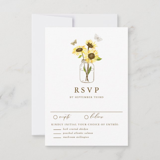 Rustic Sunflowers on a Mason Jar Wedding RSVP Card (Front)
