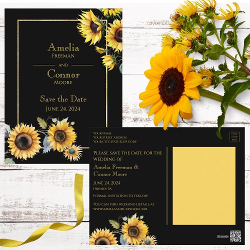 Rustic Sunflowers on Black Save the Date Postcard