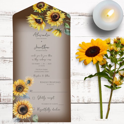 Rustic Sunflowers on Faded Brown All In One Invitation