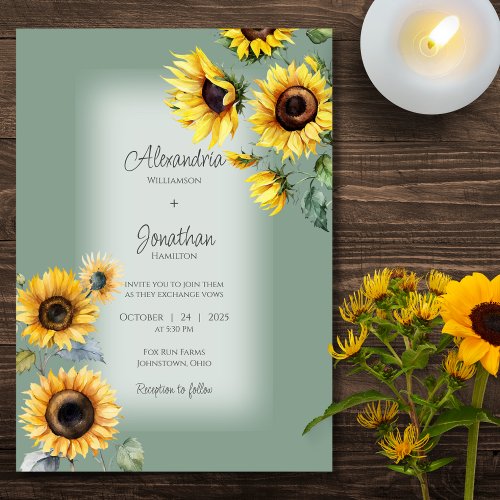 Rustic Sunflowers on Faded Sage Green Wedding Invitation