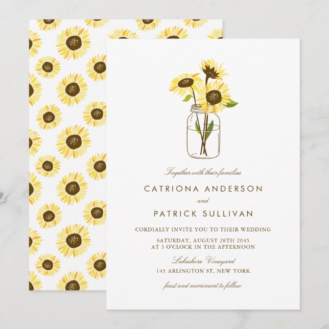 Rustic Sunflowers on Mason Jar Wedding Invitation (Front/Back)