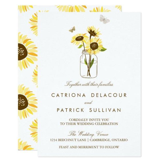 Rustic Sunflowers On Mason Jar Wedding Invitation