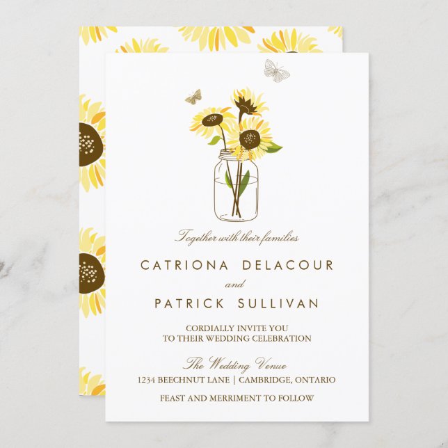 Rustic Sunflowers on Mason Jar Wedding Invitation (Front/Back)
