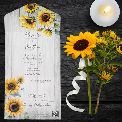 Rustic Sunflowers on Weathered White Wood QR Code  All In One Invitation