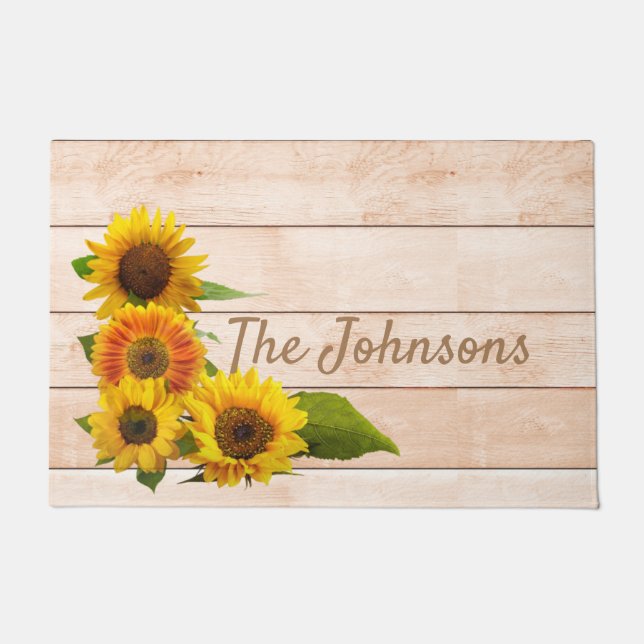 Rustic Sunflowers on Wood Doormat (Front)