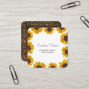 Rustic Sunflowers on Wood Gold Dots Boutique Square Business Card