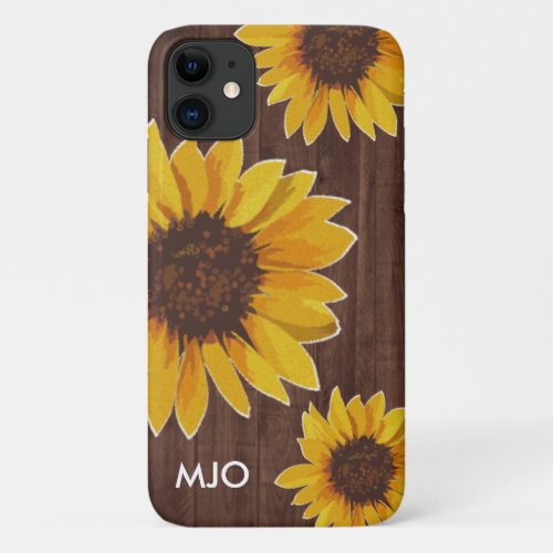 Rustic Sunflowers on Wood Monogram iPhone 11 Case