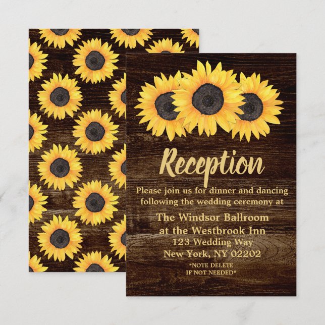 Rustic Sunflowers on Wood Wedding Reception Card (Front/Back)
