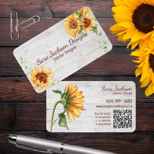 Rustic Sunflowers on Wood with QR Code Business Card