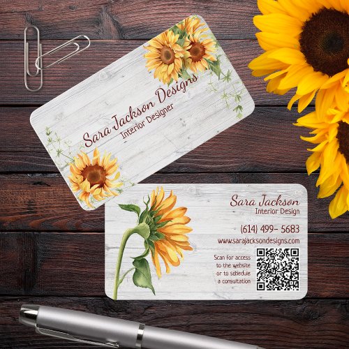 Rustic Sunflowers on Wood with QR Code  Business Card