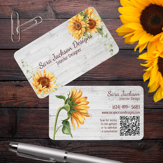 Rustic Sunflowers on Wood with QR Code Business Card | Zazzle