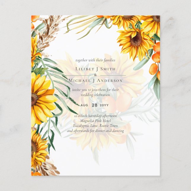 Rustic Sunflowers Pampas Grass Dusty Rose Wedding Flyer (Front)