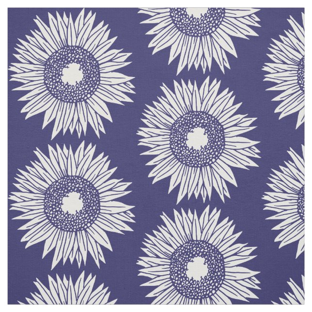 Rustic Sunflowers Pattern Blue and White Floral Fabric (Swatch)