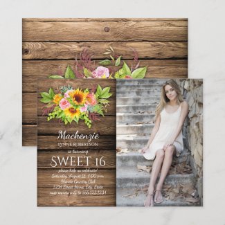 Rustic Sunflowers Peonies Barnwood Photo Sweet 16 Invitation