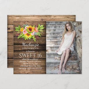 Rustic Sunflowers Peonies Barnwood Photo Sweet 16 Invitation