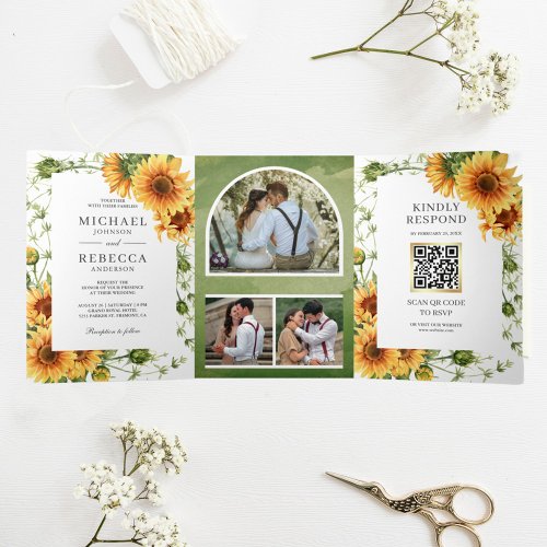 Rustic Sunflowers Photo Arch QR Code Wedding Tri_Fold Invitation