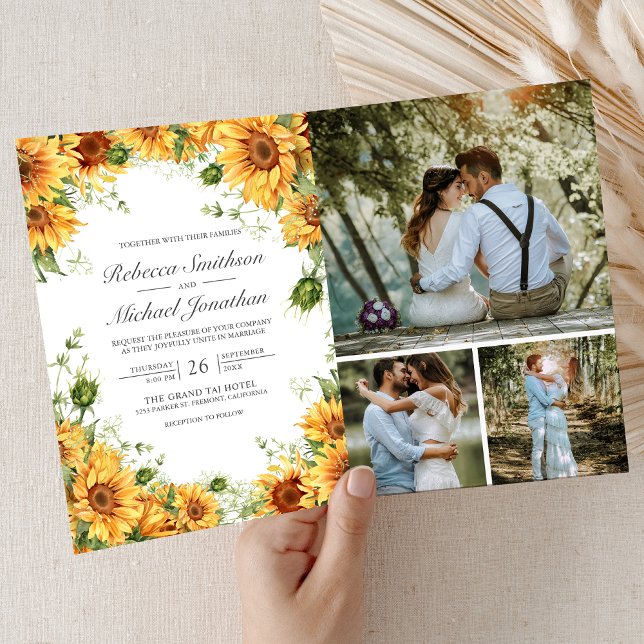 Rustic Sunflowers Photo Collage QR Code Wedding Invitation (Creator Uploaded)
