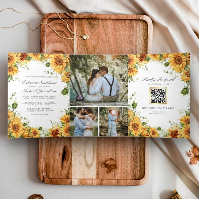 Rustic Sunflowers Photo Collage QR Code Wedding Tri-Fold Invitation (Creator Uploaded)