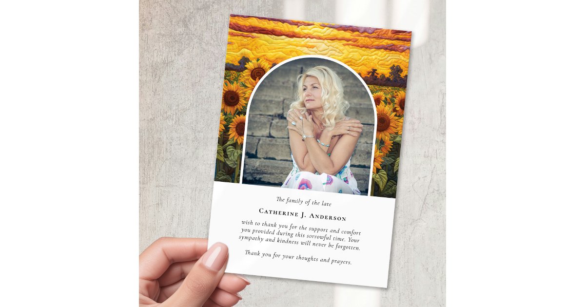 Rustic Sunflowers Photo Sympathy Funeral Memorial Thank You Card | Zazzle