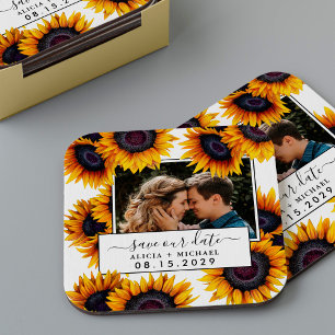 Rustic sunflowers photo wedding save the date square paper coaster
