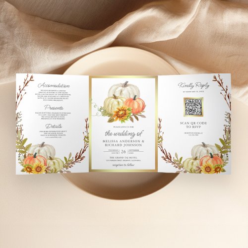 Rustic Sunflowers Pumpkin QR Code Wedding Tri_Fold Invitation
