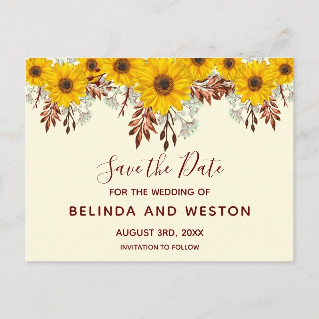 Rustic Sunflowers Pumpkin Save the Date Postcard (Front)