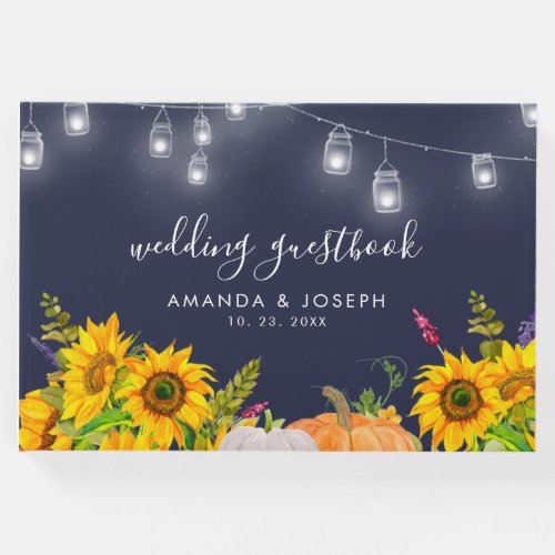 Rustic Sunflowers Pumpkin String Lights Wedding Guest Book