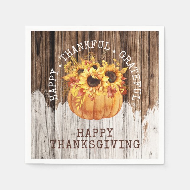 Rustic Sunflowers Pumpkin Wood Thanksgiving Napkins (Front)