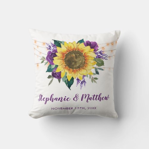Rustic Sunflowers Purple Floral Lights Wedding Throw Pillow