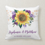 Rustic Sunflowers Purple Floral Lights Wedding Throw Pillow<br><div class="desc">This pillow features watercolor sunflowers,  purple roses and string lights. Personalize it with names and date. This pillow is part of a collection which includes matching wedding stationery and gifts. Please visit our store to see the full range of products that you can personalize for your wedding.</div>