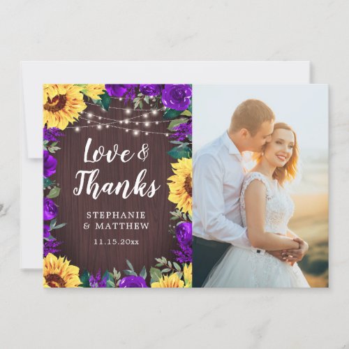 Rustic Sunflowers Purple Floral Wood Wedding Photo Thank You Card