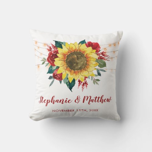 Rustic Sunflowers Red Floral Lights Wedding Throw Pillow