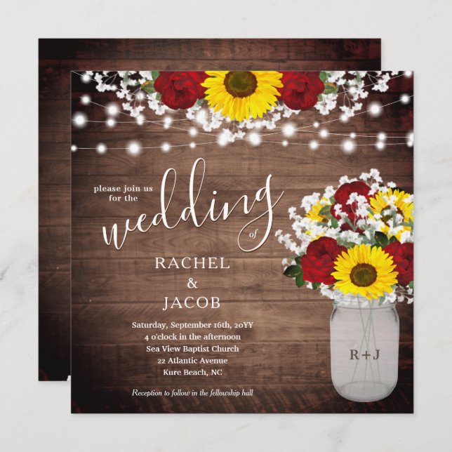 Rustic Sunflowers & Red Roses in Jar Vase Wedding (Front/Back)