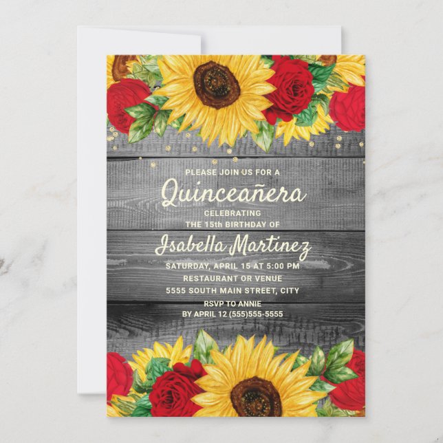 Rustic Sunflowers Red Roses Quinceañera Photo Invitation (Front)