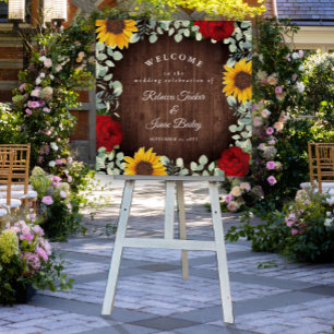 Rustic Sunflowers Red Roses Square Wedding Welcome Foam Board
