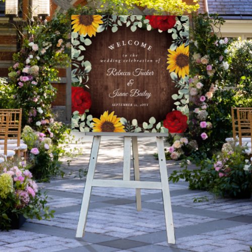Rustic Sunflowers Red Roses Square Wedding Welcome Foam Board