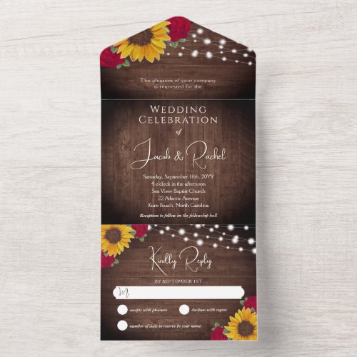 Rustic Sunflowers Red Roses Sting Lights Wedding All In One Invitation