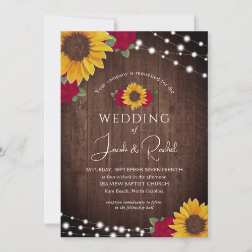Rustic Sunflowers Red Roses String Lights Wedding Invitation