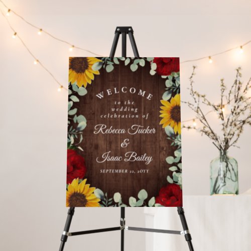 Rustic Sunflowers Red Roses Wedding Welcome Foam Board