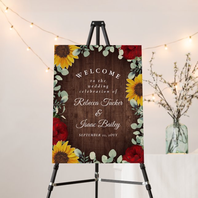 Rustic Sunflowers Red Roses Wedding Welcome Foam Board (In Situ (Stand))