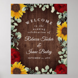 Rustic Sunflowers Red Roses Wedding Welcome Poster