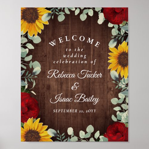 Rustic Sunflowers Red Roses Wedding Welcome Poster