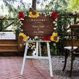 Rustic Sunflowers Red Roses Wedding Welcome Sign