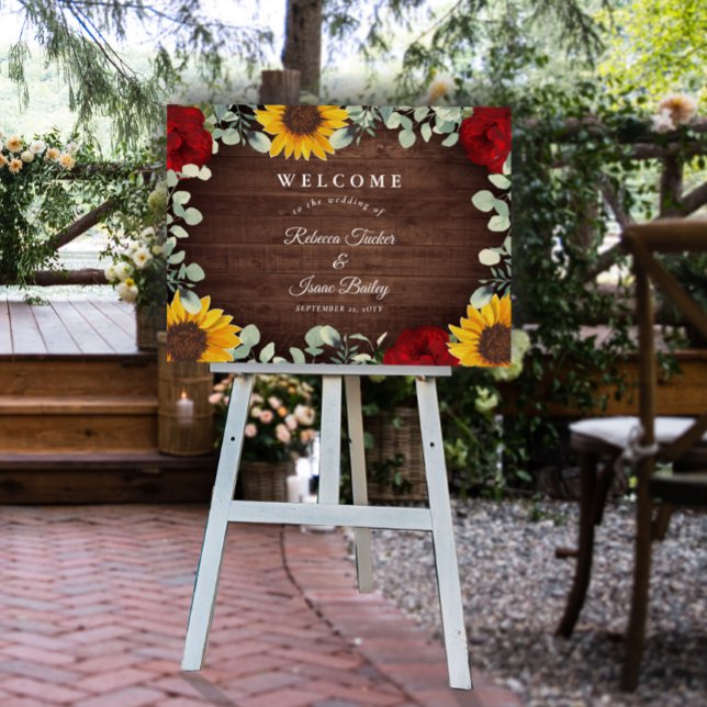 Rustic Sunflowers Red Roses Wedding Welcome Sign (Creator Uploaded)