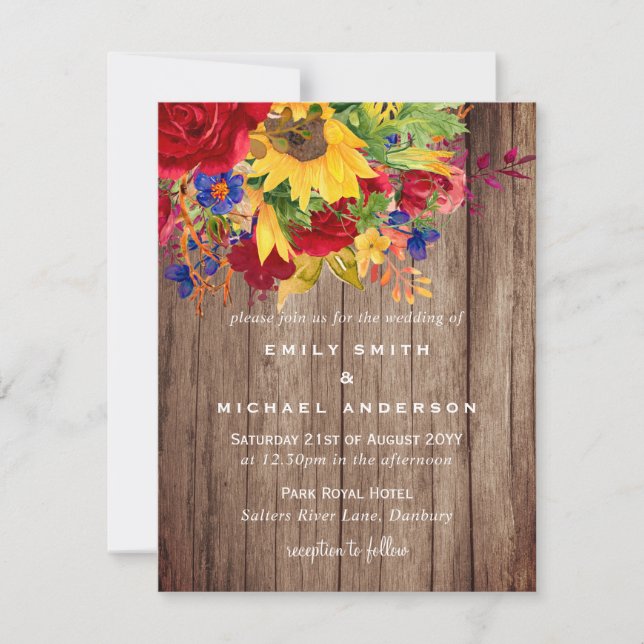 Rustic Sunflowers Red Roses Wood Wedding Invites (Front)