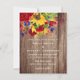 Rustic Sunflowers Red Roses Wood Wedding Invites